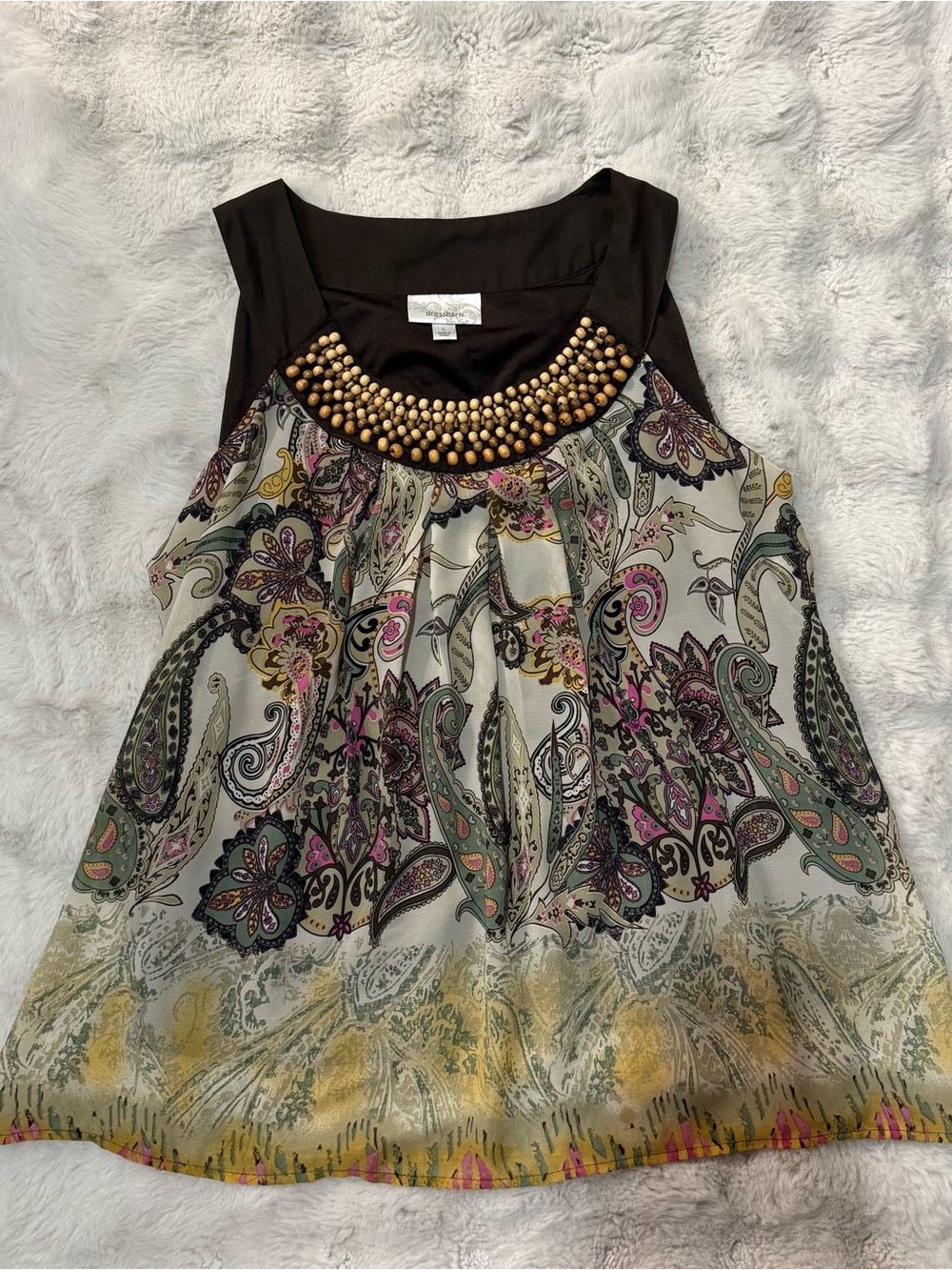 Dress Barn Black Yoke Beaded Paisley Tank in Cream and Multicolor